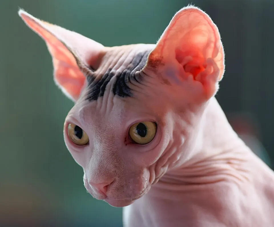 Un gatto sphynx senza pelo guarda l'obiettivo